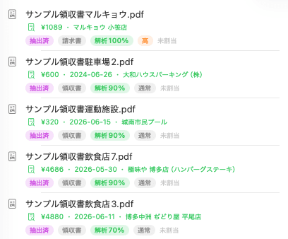 受信箱:届いた領収書が、金額・日付・取引先まで読み取られた状態で並ぶ